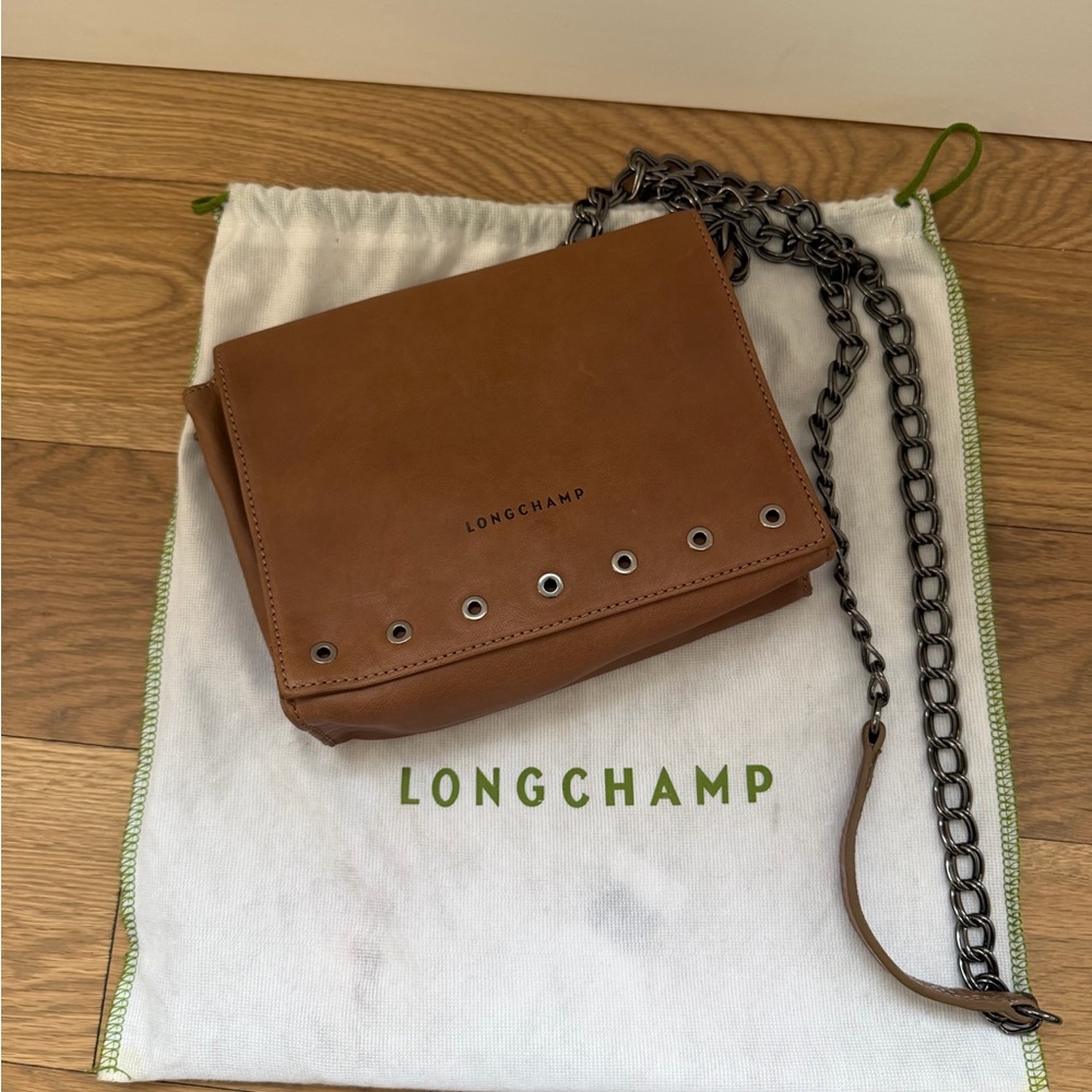 Longchamp Leather Tan Crossbody Bag with Chain Strap
